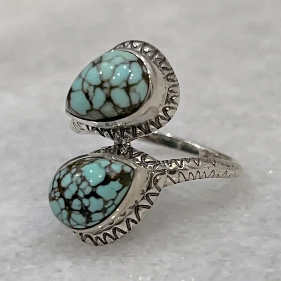 Blue Moon Turquoise Teardrop Black Oxidized Sterling Silver Bypass Silver Ring - Picture 3 of 9